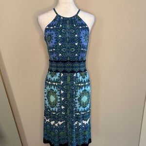 London Times Blue and Green Halter Midi Dress